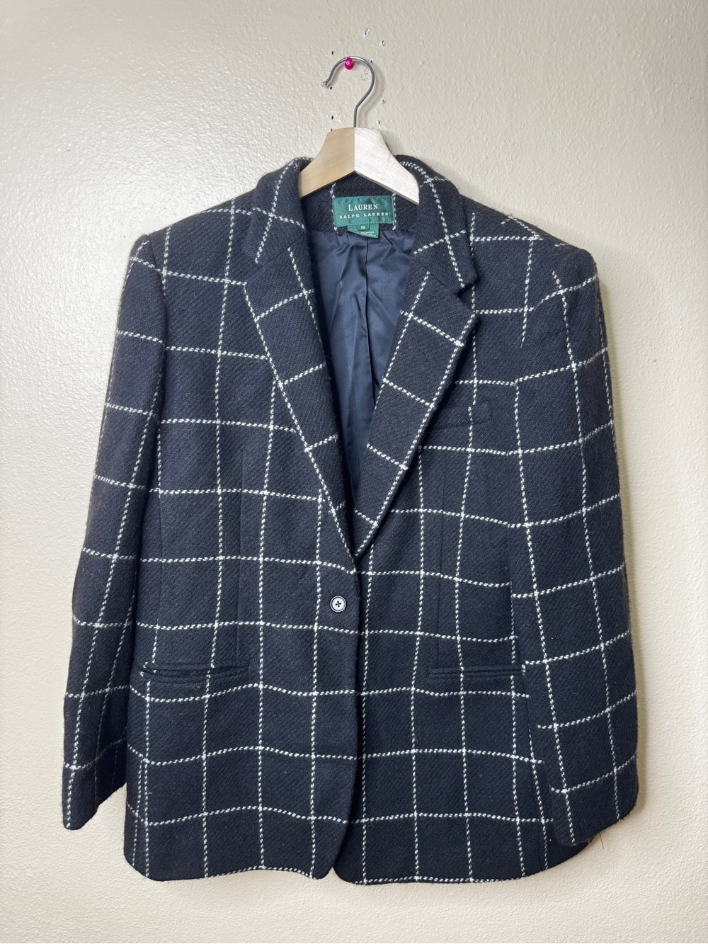 Lauren Ralph Lauren Women’s 16 Black White Windowpane 100% Wool Blazer